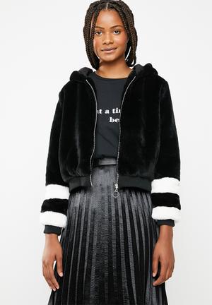 Faux fur hoodie stripey jacket with ribbed cuffs - black