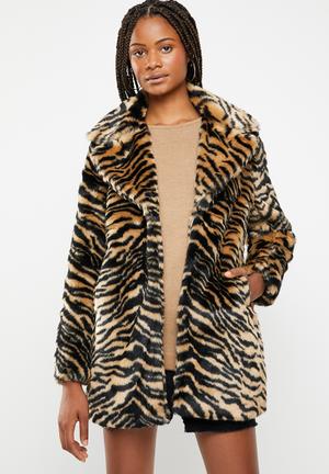Faux fur tiger coat - black & tan