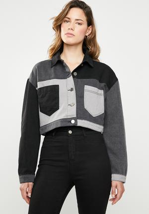 Colour block patchwork denim jacket - black