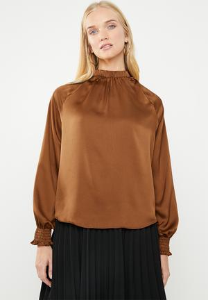 Elasticated hi neck blouse - brown