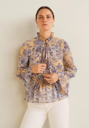 Floral flared sleeve blouse - peach & purple 