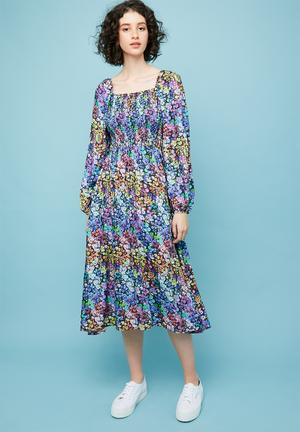 Square neck midi dress - multi