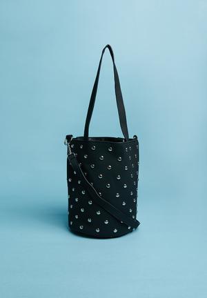 Round studded bucket bag - black