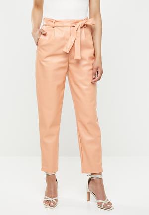Faux leather tie waist trousers - peach