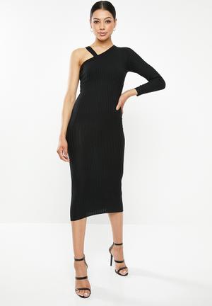 One shoulder asymmetric midi dress - black