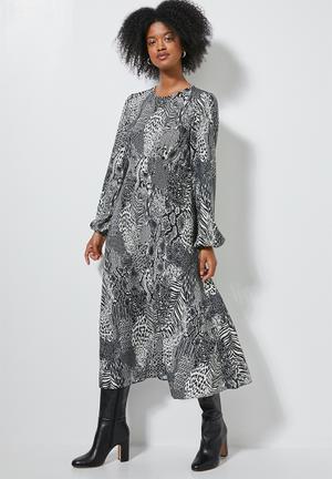 Midi tea dress long sleeve - black & beige 