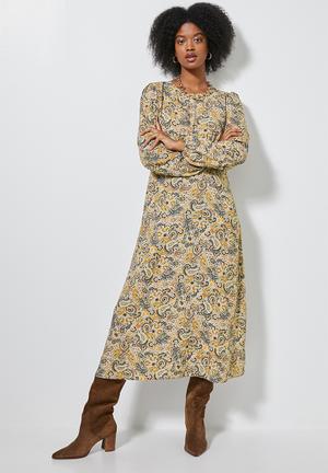 Midi tea dress long sleeve - multi