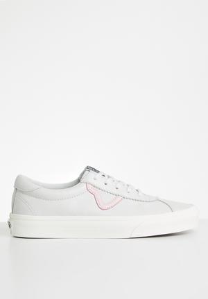 white faux leather vans