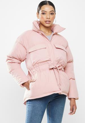 pink knee length coat