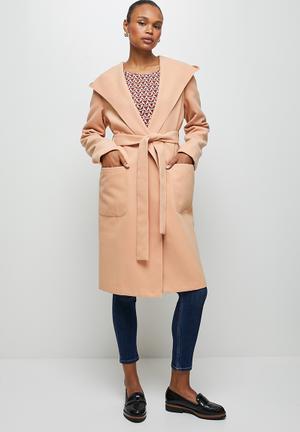 pink knee length coat