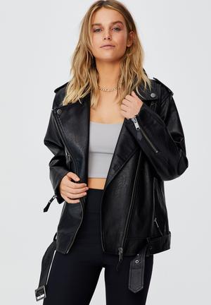 Vegan leather oversized biker jacket - black