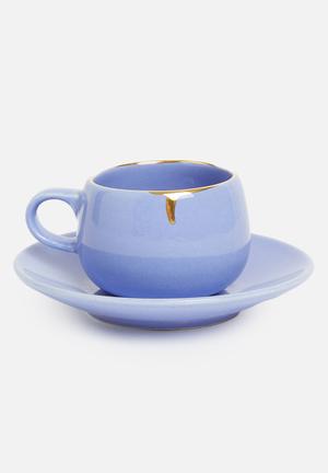 Set of two Des Moines cup & saucer- sapphire & gold