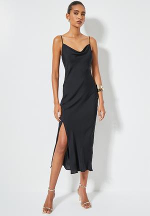Strappy cowl neck slip dress with slits - black