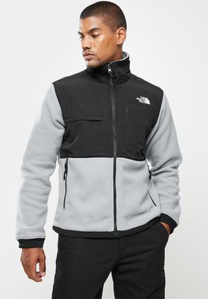 white and grey north face fleece