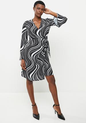 black and white print wrap dress