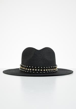 Studded trim straw hat - black