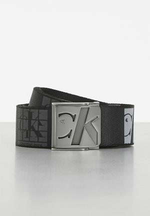 Calvin Klein Men's Casual CK Monogram Cut Out Buckle Belt, Dark
