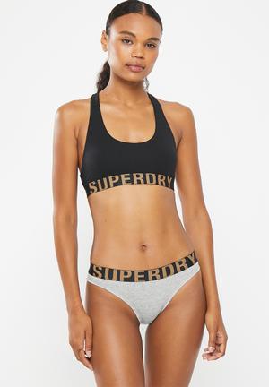 Womens - Organic Cotton Large Logo Bikini Briefs in Grey Marl/fluro Coral