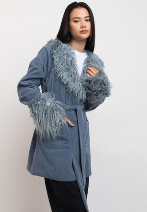 Cord and fur trim coat - blue