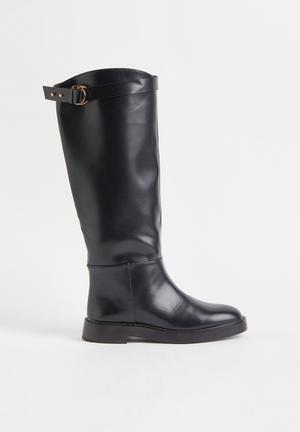 Genius Black PU Knee High Linen Chunky Sole Boots