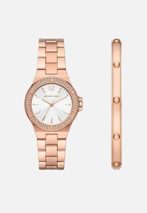 Michael Kors gold watch and Accessory Concierge bracelet, and