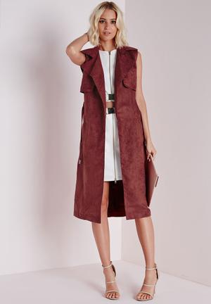 Faux Suede Sleeveless Belted Trench Coat