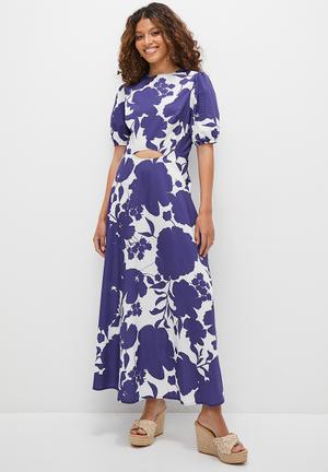 Cutout detail fit & flare midi dress - blue & white