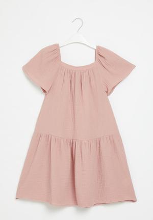 Pink Mini Dress Short Puff Sleeve Textured Waist Tie