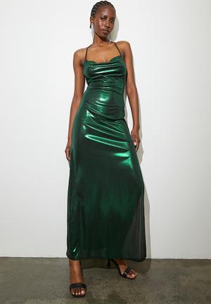 Cowl metallic maxi slip dress - green & silver