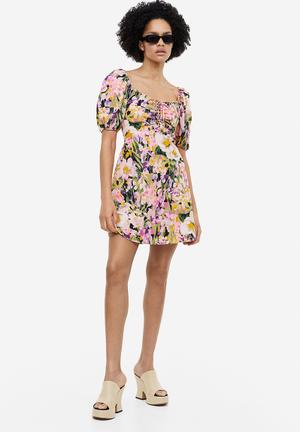 Puff-sleeved lacing-detail dress - purple/floral