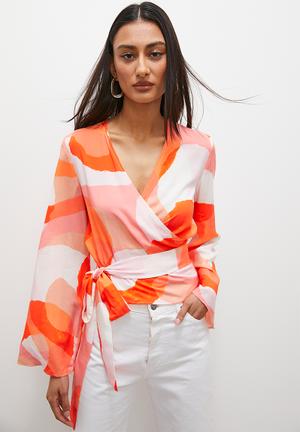 Wrap blouse - white & orange