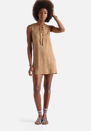 Lace Up Front Suede Shift Dress