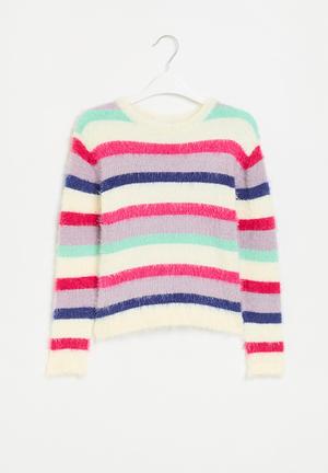 STRIPED EYELASH SWEATER in White Multi