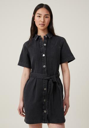 Women's Vintage Denim Dress Casual Short Sleeve Button Down Lapel S