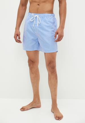 Bluish Print Blouson Tankini Swimsuit with Grey Board Shorts