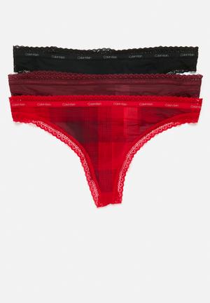 Calvin Klein Women's Motive Cotton Thong 3-Pack - Black/Grey Heather/Red