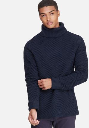Mens roll neck jumper with dipped hem