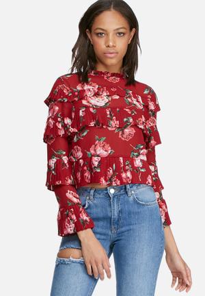Rose print ruffle blouse