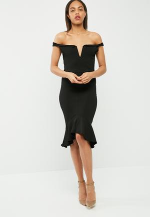 V bar bardot frill hem midi dress