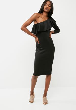 One shoulder ruffle neck bodycon dress