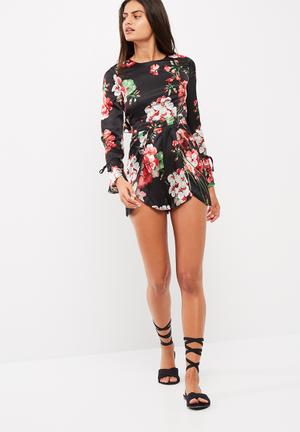 Floral print open frill back playsuit