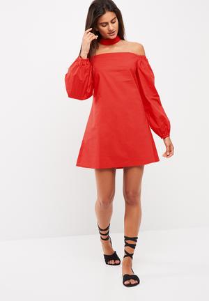 Puff sleeve choker neck bardot dress