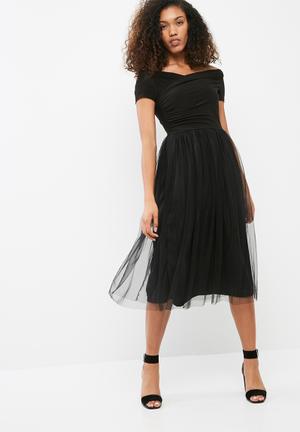 Short sleeve off shoulder wrap bodice midi dress