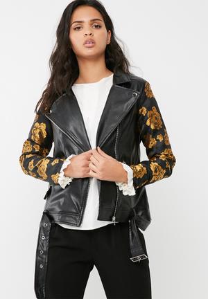 Faux leather biker jacket with floral jacquard sleeves
