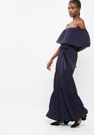 Off the shoulder tiered maxi dress