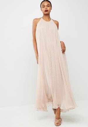 Dobby mesh halterneck drop back maxi dress