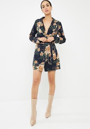 Satin floral belted wrap shift dress