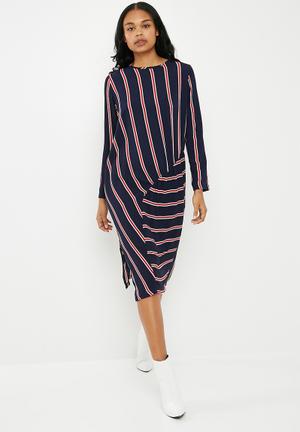 Stripe midi dress with gather detail - multi