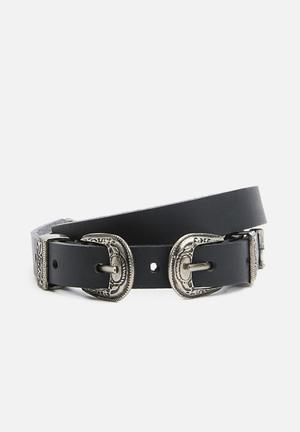 Western leather double buckle belt - black