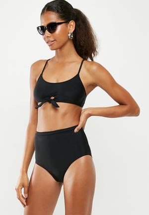 Knot tie front high waist bikini set - black